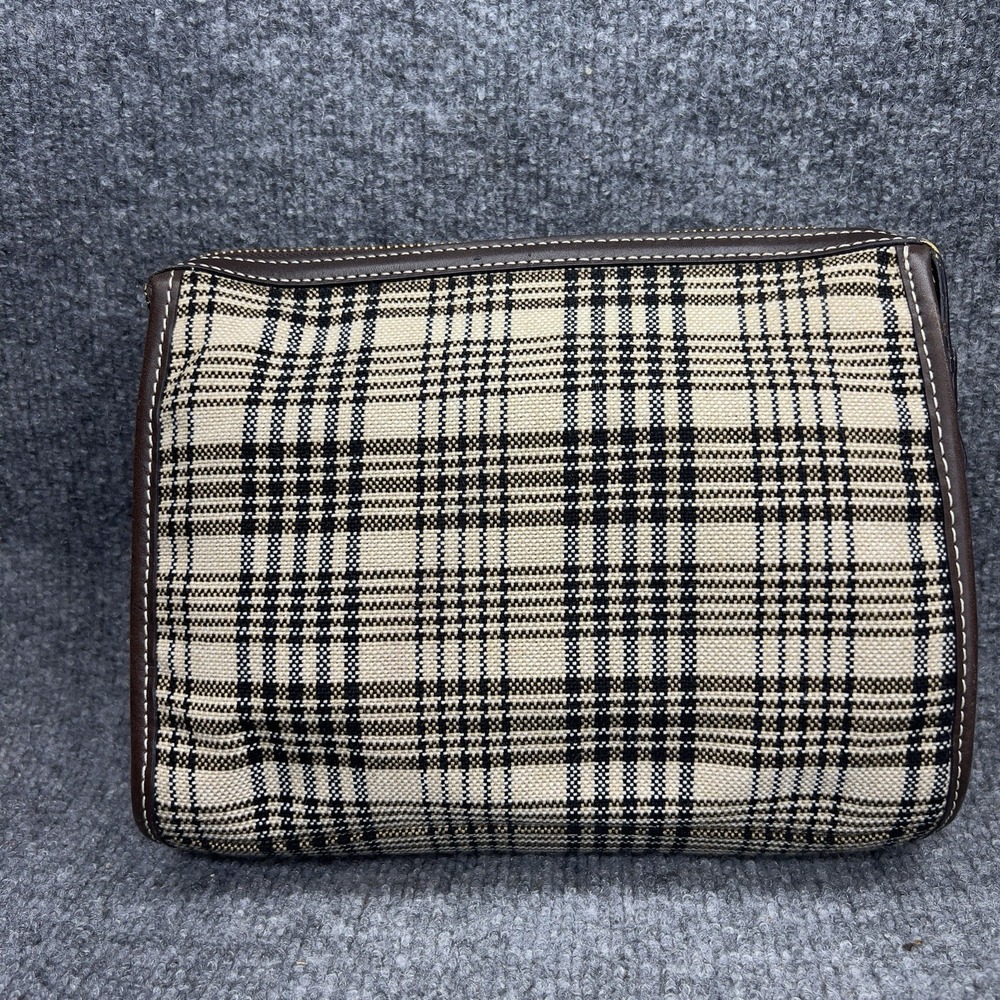 5/A Baker Blanket Cosmetic Toiletry Bag Brown Leather Wool Plaid - Picture 4 of 14